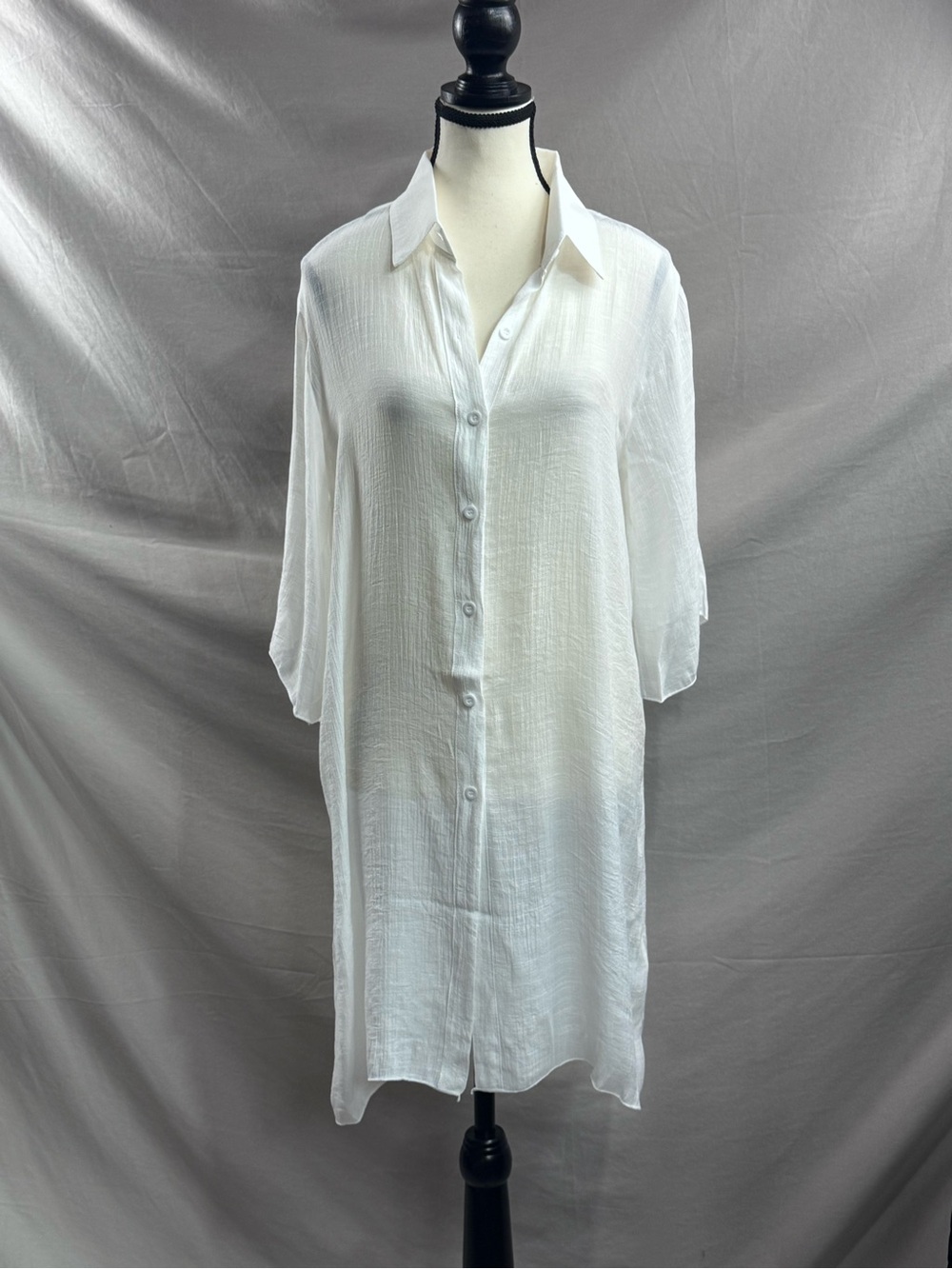 White Sheer Button-Down Beach Cover-Up Shirt Dress - Picture 8 of 9